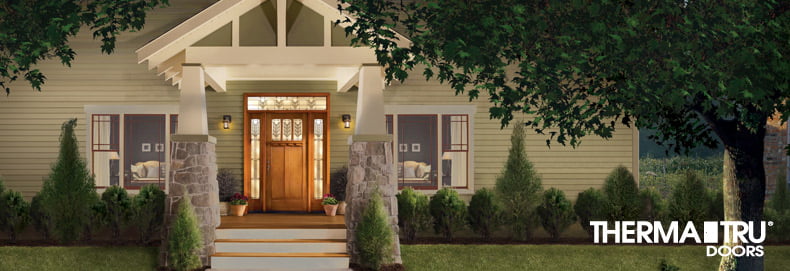 EntryDoors_790x271 brown Thurma-Tru with wood appearance on a large white house at night