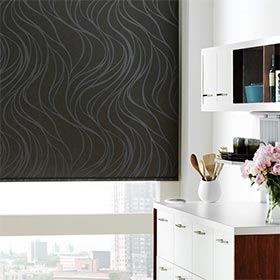RollerShades bedroom interior with dark roller shades