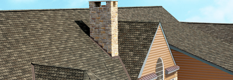 Gray CertainTeed Select Roofing with stone chimney