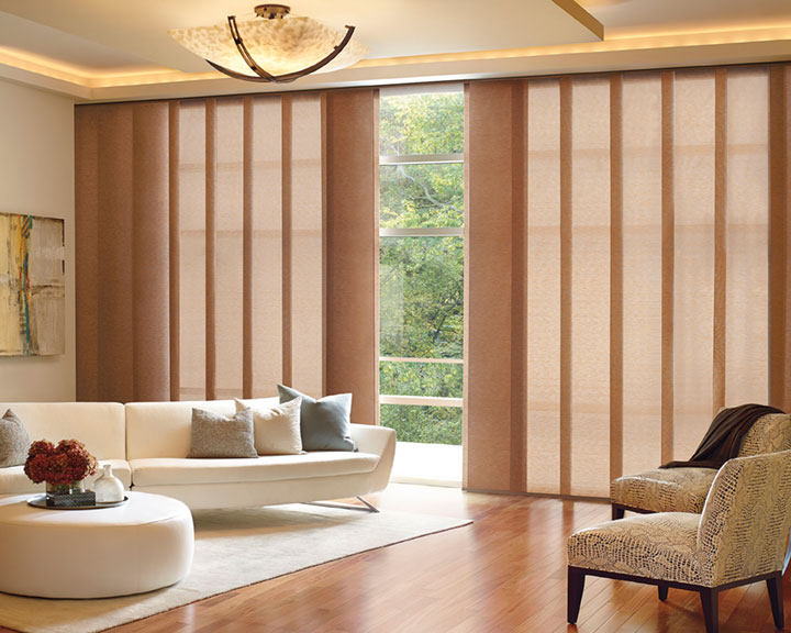 living room interior featuring vertical blinds