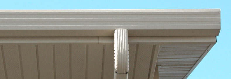 close up of downspout, soffit, and fascia