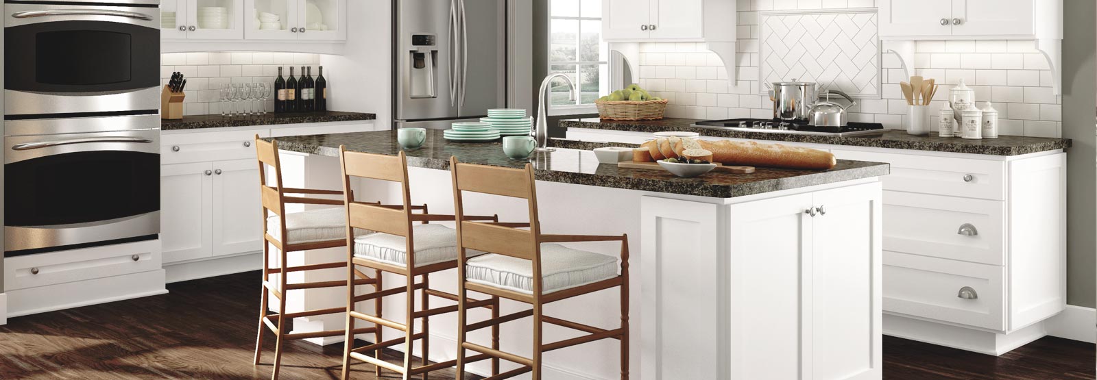 featured-cabinet bright white kitchen with custom Crystal cabinets