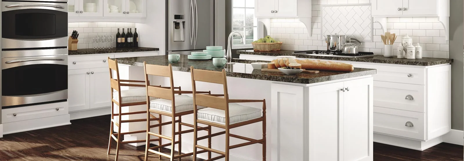 featured-cabinet bright white kitchen with custom Crystal cabinets