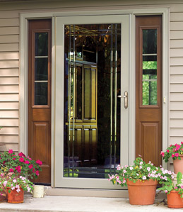 ProVia entry storm door on house with flower pots in front