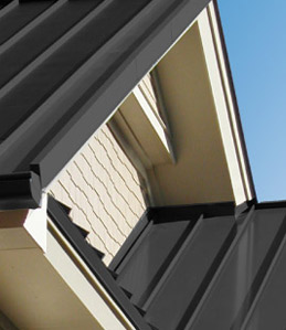 building exterior showcasing detail on dark gray seamless metal roofing