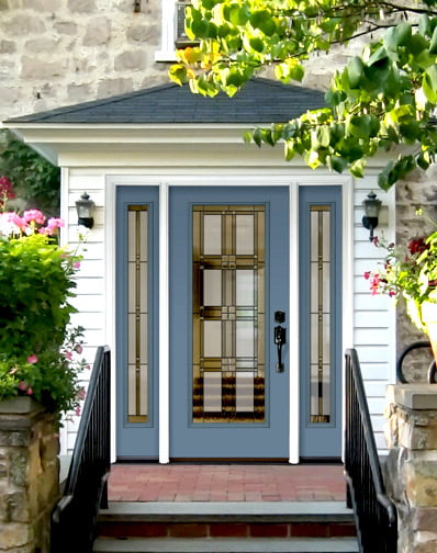 ProViaDoors_DecorativeGlass_398x504 blue ProVia doors with three decorative windows and dark, elegant handle on white house with small stairway walkup
