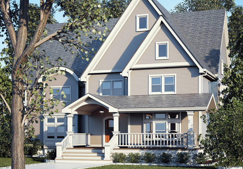 home exterior with light gray seamless siding and gray roofing