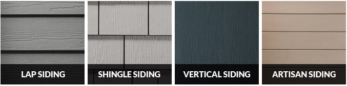 samples of lap, shingle, vertical, and artisan James Hardie fiber cement siding