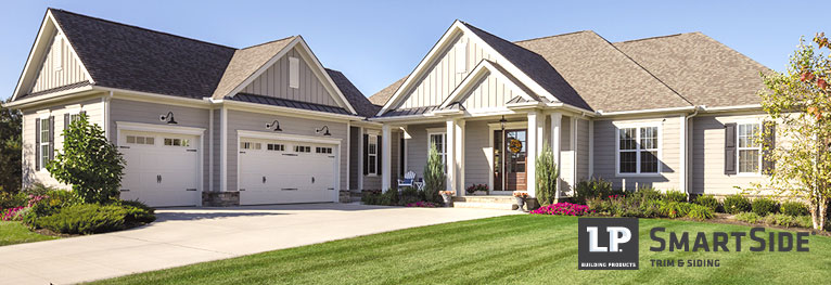 home exterior featuring gray LP SmartSide logo and siding in both horizontal and decorative vertical patterns