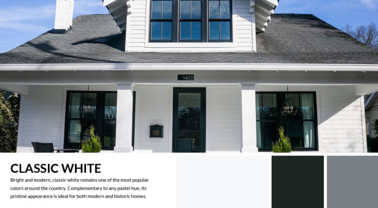 classic white color palette and description featuring home with these colors