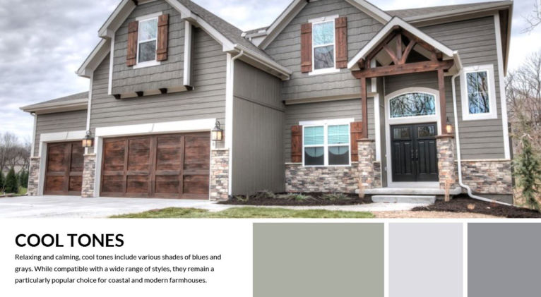 cool tones palette and description featuring home exterior with these colors