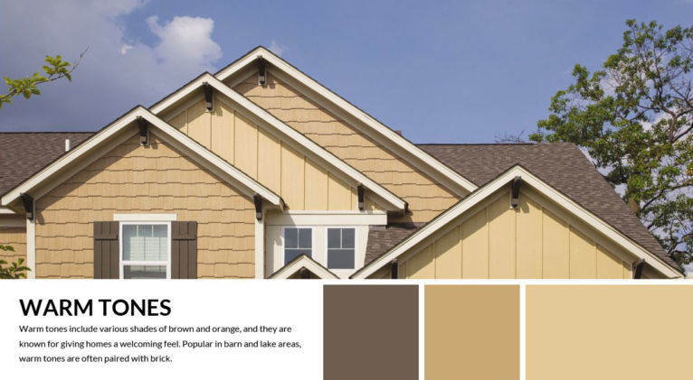 warm tones palette and description with image of home exterior featuring these colors