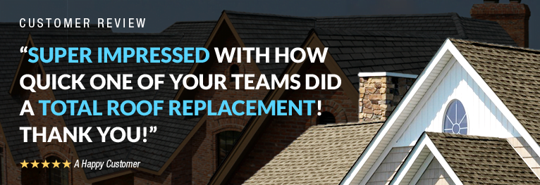 TheVoiceofOurCustomers_HeroImages_Roofing_766x263 positive customer testimonial superimposed over image of home with tan roofing and white siding