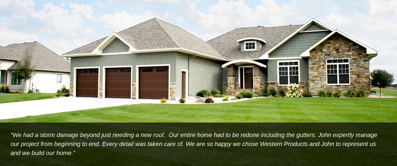 home exterior with customer quote overlay explaining Western Products' expertise at roof hail damage repair