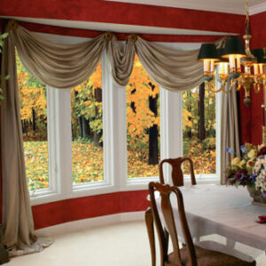 home interior dining room large picture windows decorated with draping curtains