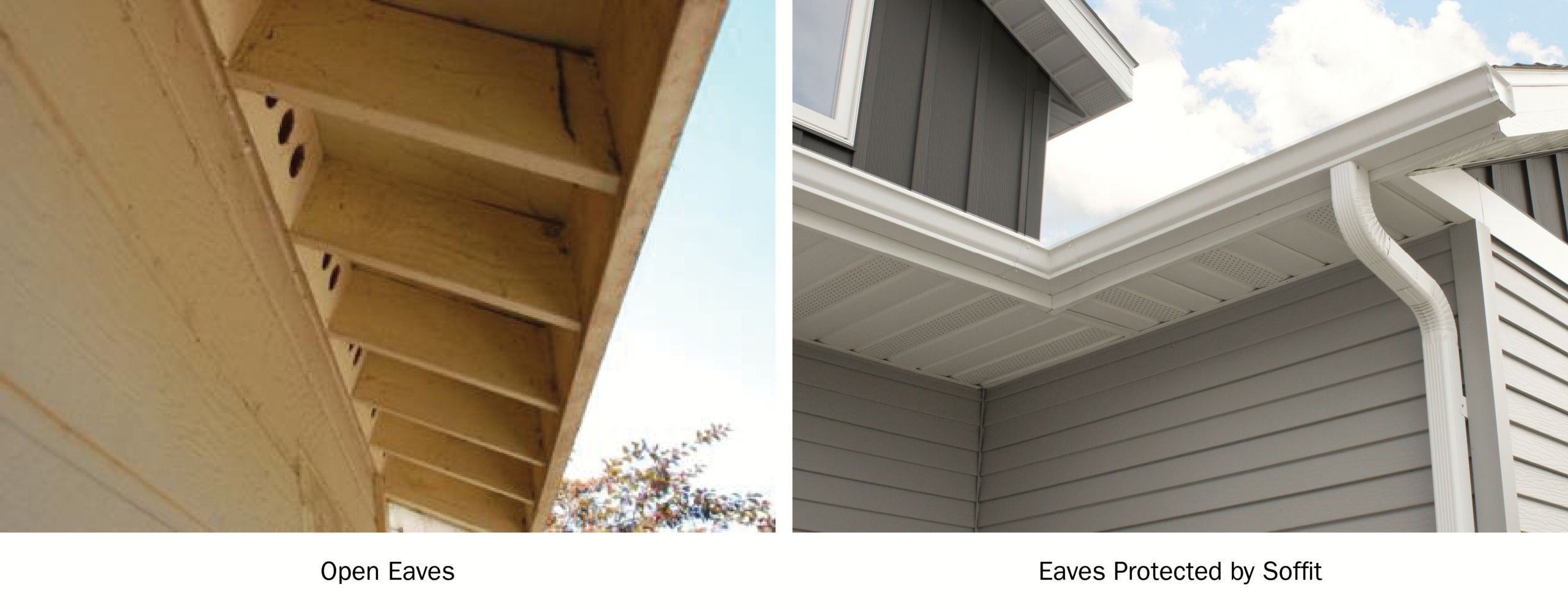 Collage of Home with Exposed Eaves vs. Eaves Protected with Soffit