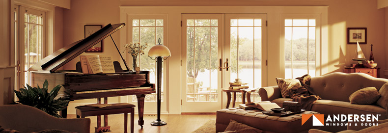 Interior living with Renewal by Andersen patio doors, a couch, and a piano