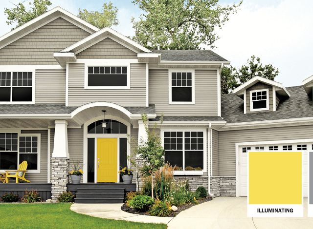 home exterior with light gray siding and a bright yellow entry door and chairs; swatches of Pantone colors of the year in bottom right corner