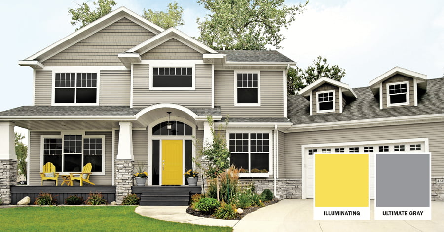 home exterior with light gray siding and a bright yellow entry door and chairs; swatches of Pantone colors of the year in bottom right corner