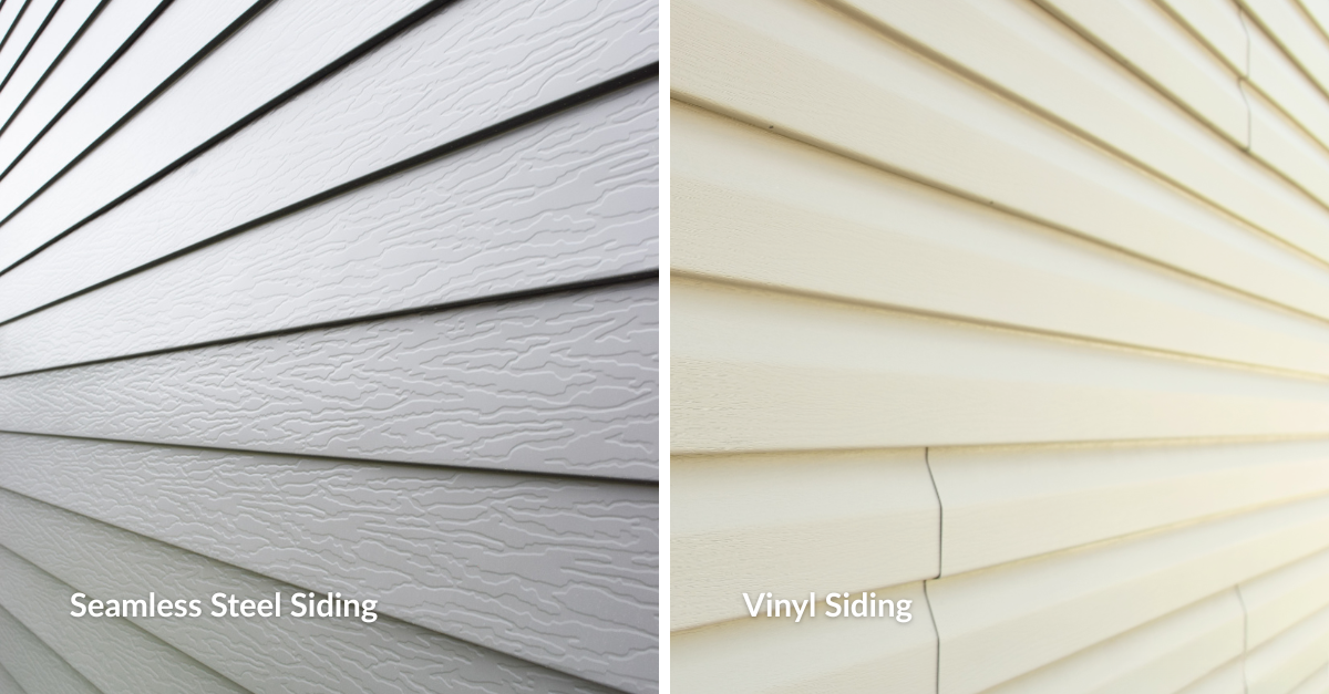 Side-by-side comparison of two types of house siding. The left panel shows seamless steel siding in a light gray color with woodgrain texture. The right shows vinyl siding in a beige color with visible seams.