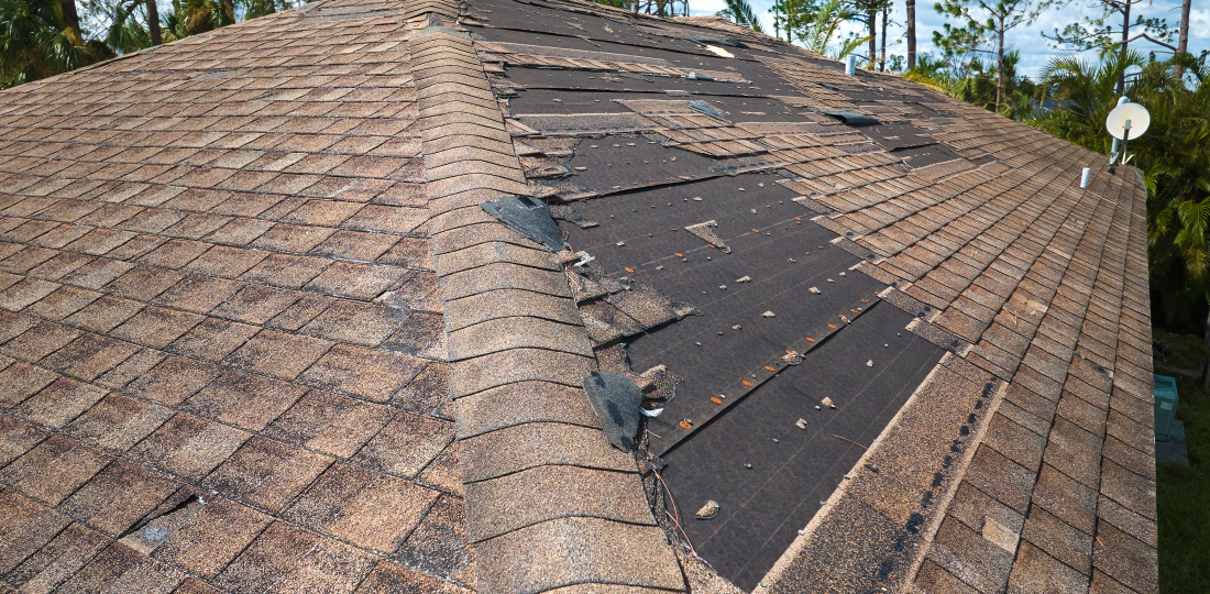 A brown storm damaged roof with missing shingles