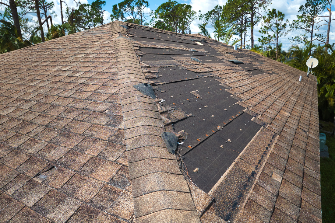 A brown storm damaged roof with missing shingles